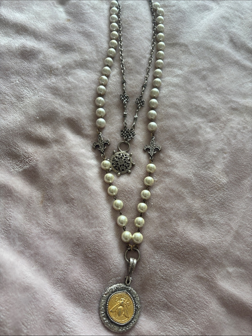 Free People White Pearl Layered Necklace with Gold & Silver Medallion